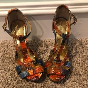 BCBG Multicolored Snake Skinned Platforms